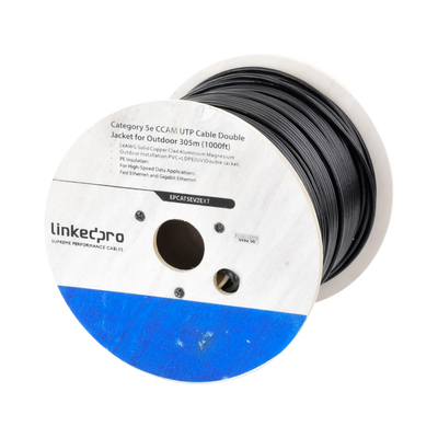 Bobina de Cable de 305 Metros (1000 Pies) Cat5e, Aleación de Cobre y Aluminio (CCA), Color Negro, Uso Intemperie, Doble Forro