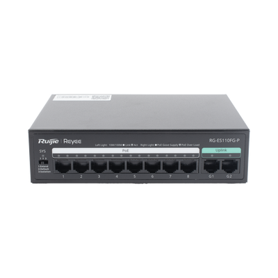 Switch PoE+ no Administrable, hasta 110 Watts, 8 puertos PoE+ 10/100 y 2 Uplinks Gigabit 1G